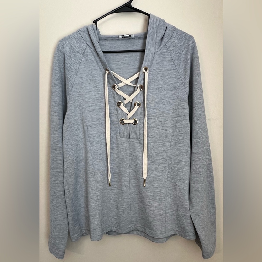 Pullover Gray Hooded Sweatshirt Tie Lace Front